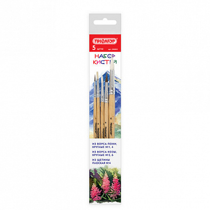 Кисти ПИФАГОР, набор 5 шт. (ПОНИ: круглые № 1, 4; КОЗА: круглые № 3, 6; ЩЕТИНА: плоская № 4), пакет с европодвесом, 200892