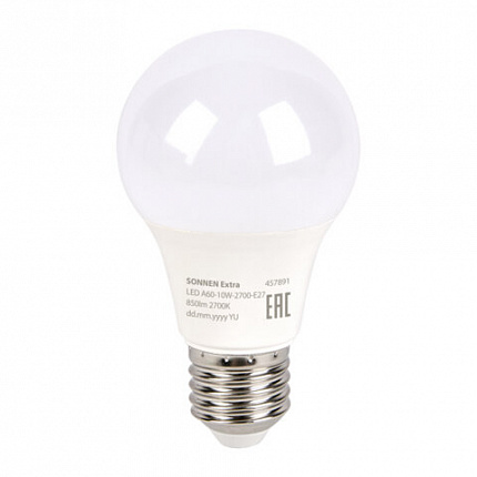 Лампа светодиодная SONNEN EXTRA, 10 (85) Вт, Е27, груша, теплый белый, 30000 ч, LED A60-10W-2700-Е27, 457891