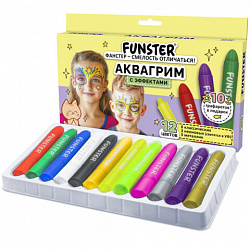 Аквагрим для лица и тела, 12 цветов (6 классических + 3 неоновых + 3 металлик), 10 трафаретов, FUNSTER (ФАНСТЕР), 192575