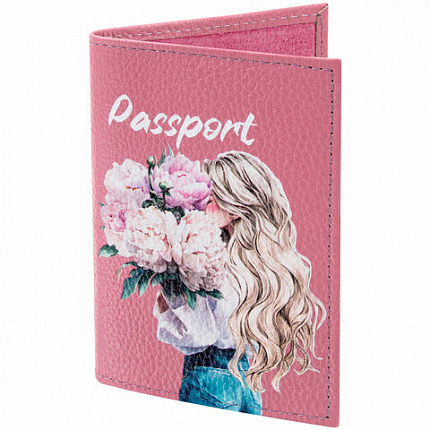 Обложка для паспорта натуральная кожа флоттер, принт "Девушка", цвет пудрово-розовый, BRAUBERG, 238868