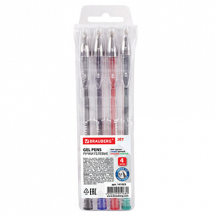 Ручки гелевые BRAUBERG "Jet", НАБОР 4 ЦВЕТА, узел 0,5 мм, линия письма 0,35 мм, 141023