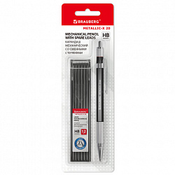 Карандаш механический цанговый 2 мм + грифели HB 12 штук на блистере, BRAUBERG "METALLIC-X 20", металлические детали, 181967