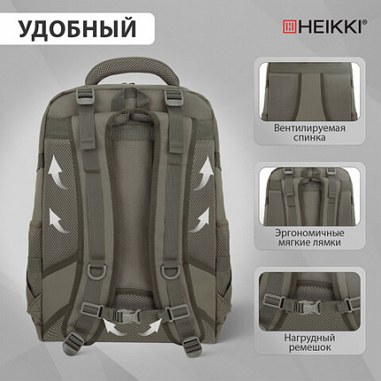 Рюкзак HEIKKI DESERTED (ХЕЙКИ) универсальный, 3 отделения, эргономичный, багажная лента, хаки, 47х33х17 см, 273877