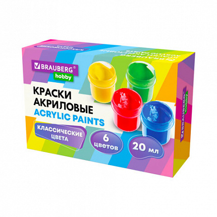 Краски акриловые для рисования и творчества 6 цветов по 20 мл BRAUBERG HOBBY, 192434