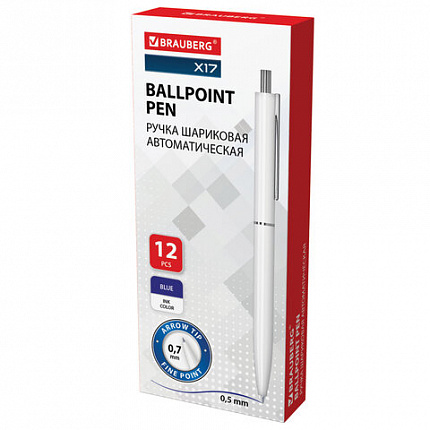 Ручка шариковая автоматическая BRAUBERG X17 WHITE, СИНЯЯ, корпус белый, стандартный узел 0,7 мм, линия письма 0,5 мм, 144156