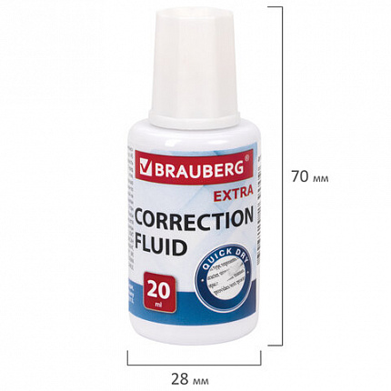 Корректирующая жидкость BRAUBERG EXTRA быстросохнущая, 20 мл, с кисточкой, 229397