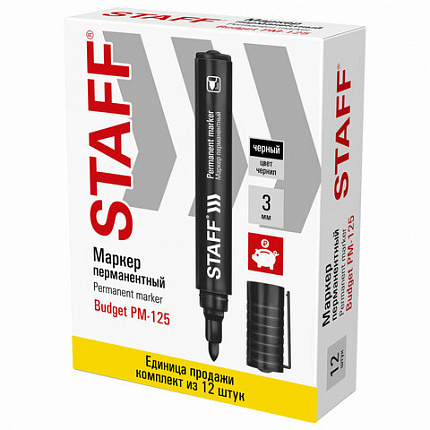 Маркер перманентный STAFF "Basic Budget PM-125", ЧЕРНЫЙ, ВЫГОДНАЯ УПАКОВКА, КОМПЛЕКТ 12 шт., 3 мм, 880598