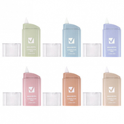 Корректирующая лента BRAUBERG COMPACT PASTEL, 5 мм х 6 м, КОМПЛЕКТ 6 штук, пенал с zip-lock, 272496