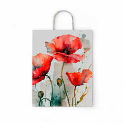 Крафт-пакет бумажный "Маки" 22х12х25 см, с кручеными ручками, плотность 100 г/м2, белый, 114171