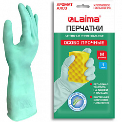 Перчатки МНОГОРАЗОВЫЕ латексные LAIMA, С АРОМАТОМ АЛОЭ, зеленые, хлопчатобумажное напыление, размер M (средний), вес 50 г, 700545