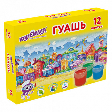Гуашь ЮНЛАНДИЯ "ДОМИКИ", 12 цветов по 15 мл, 192561