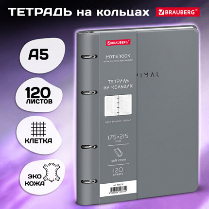 Тетрадь на кольцах А5 180х220, 120л, под кожу, фольга, резинка, BRAUBERG CLASSIC, Minimal мятный, 405216