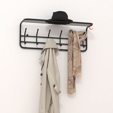 Вешалка настенная с полкой "ВСП7", 265х725х220 мм, 6 крючков, металл, черная, ВСП 7 Ч