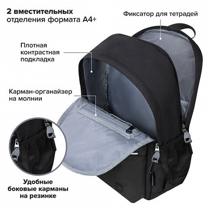 Рюкзак BRAUBERG FASHION CITY универсальный, 2 отделения, "Norm", черный, 46х31х15 см, 272573