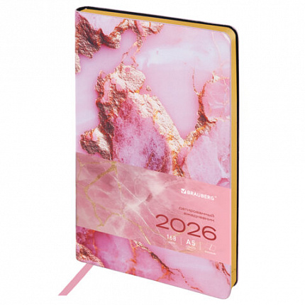 Ежедневник датированный 2026 А5 138x213 мм, BRAUBERG "Vista", под кожу, гибкий, "Pink marble", 117446