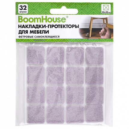 Накладки-протекторы для мебели ФЕТРОВЫЕ самоклеящиеся, 20х20 мм, бежевые, КОМПЛЕКТ 32 шт, BOOMHOUSE (БУМХАУС), 701818