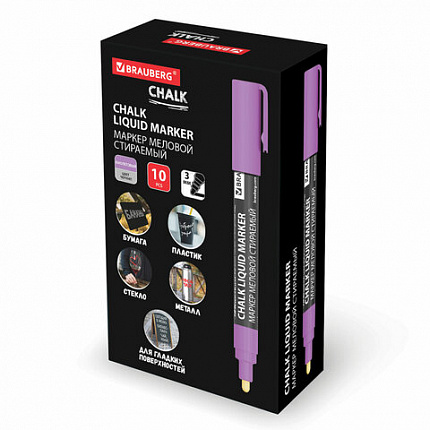 Маркер меловой CHALK LIQUID MARKER, ФИОЛЕТОВЫЙ, 3 мм, стираемый, BRAUBERG "CHALK", 152588