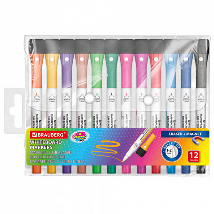 Маркеры на магните со стирателем для белой доски и планера, 12 ЦВЕТОВ, BRAUBERG POP-ART, 1-2 мм, 152568