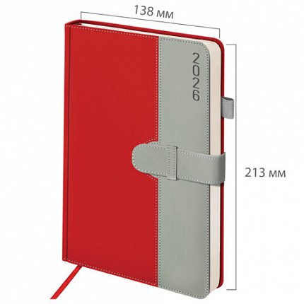 Ежедневник датированный 2026, А5, 138х213 мм, BRAUBERG "Esthetic", под кожу, держатель для ручки, застежка, красный/серый, 117371
