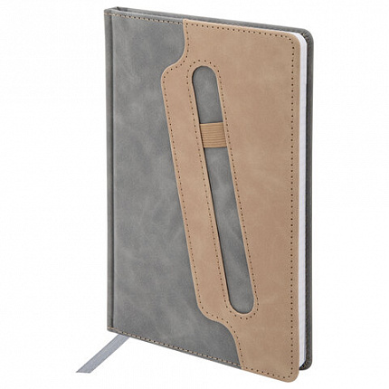 Блокнот А5 148x218 мм BRAUBERG "Assistant", под кожу, 80 листов, держатель, клетка, серый, 118632