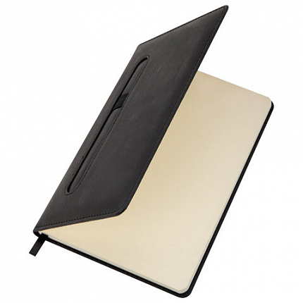 Блокнот А5 148x218 мм BRAUBERG "Optimal", под кожу, 80 листов, резинка, держатель для ручки, клетка, черный, 118634