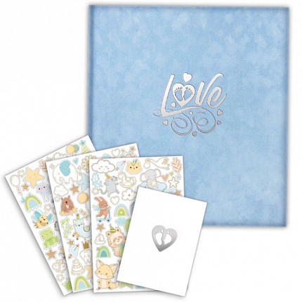 Фотоальбом-анкета детский 23*25 см, 32 листа, стикеры, открытка, конверт, голубой бархат, BRAUBERG, 391420