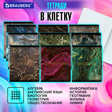 Тетради предметные, КОМПЛЕКТ 12 ПРЕДМЕТОВ, 48 л., SoftTouch, фольга, BRAUBERG, "MARBLE", 404326