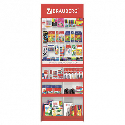 Стойка для размещения товара напольная усиленная BRAUBERG, 210х78х40 см, 4 полки, 30 ячеек, 21 крючок, 504341