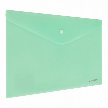 Папка-конверт с кнопкой BRAUBERG "Pastel", А4, матовая непрозрачная, мятная, ПРОЧНАЯ 0,2 мм, 272883
