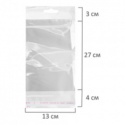 Пакеты БОПП с европодвесом, клеевым клапаном, КОМПЛЕКТ 100 штук, 13х27 + 3 + 4 см, белая подложка, BRAUBERG, 700415
