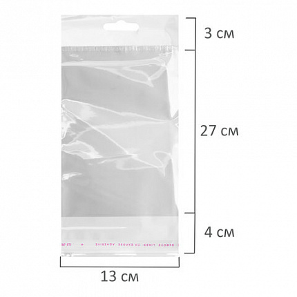 Пакеты БОПП с европодвесом, клеевым клапаном, КОМПЛЕКТ 100 штук, 13х27 + 3 + 4 см, белая подложка, BRAUBERG, 700415