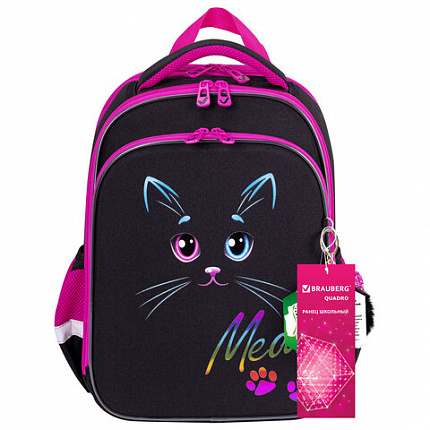 Ранец BRAUBERG QUADRO, 3 отделения, с брелоком, "Black cat", 37х28х18 см, 271358