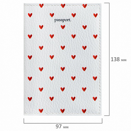 Обложка для паспорта натуральная кожа флоттер, принт "Сердечки", цвет белый, BRAUBERG, 238866