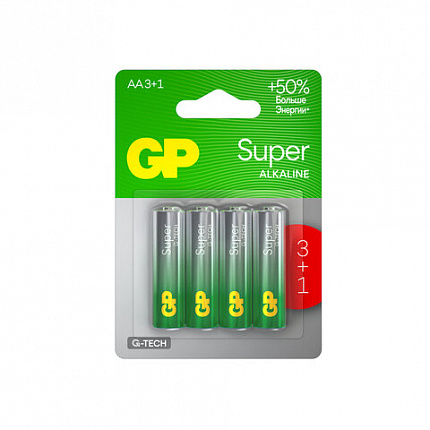 Батарейки КОМПЛЕКТ 4 шт., GP Super G-Tech, AA (LR6,15А), алкалиновые, пальчиковые, ПРОМО 3+1, 15A3/1-2CR4