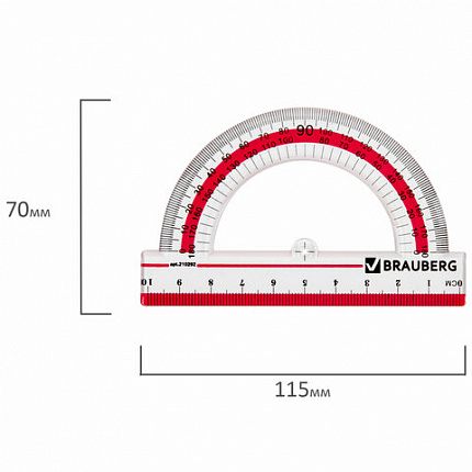Транспортир 10 см, 180 градусов, пластиковый, BRAUBERG "Crystal", прозрачный, с выделенной шкалой, подвес, 210292