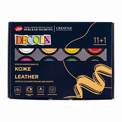 Краски акриловые по коже "Декола", 11 цветов + акриловый лак по 20 мл, в банках, Невская Палитра, 261412142