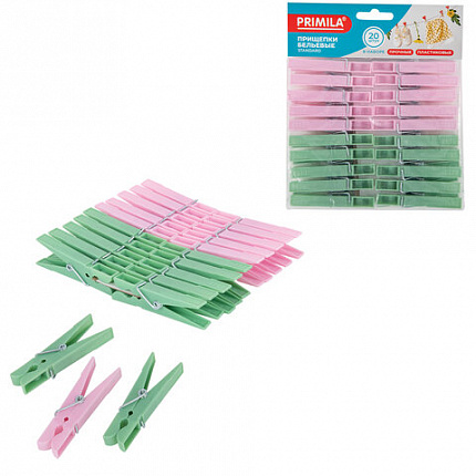 Прищепки бельевые 7,4 см, КОМПЛЕКТ 20 штук, пластик, ассорти, PRIMILA (ПРИМИЛА) STANDARD, 700517