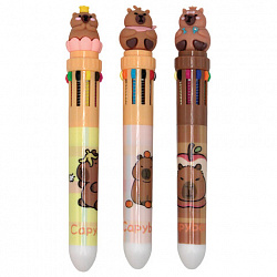 Ручка многоцветная с топпером шариковая 10 ЦВЕТОВ "Капибара", ассорти, линия 0,5 мм, 77427