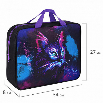 Папка на молнии с ручками BRAUBERG А4, 1 отделение, полиэстер, 80 мм, "Neon cat", 271482