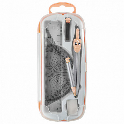 Готовальня BRAUBERG SCHOOL KIT, 9 предметов, циркуль 125 мм, чертежные принадлежности, персиковый цвет, 210715