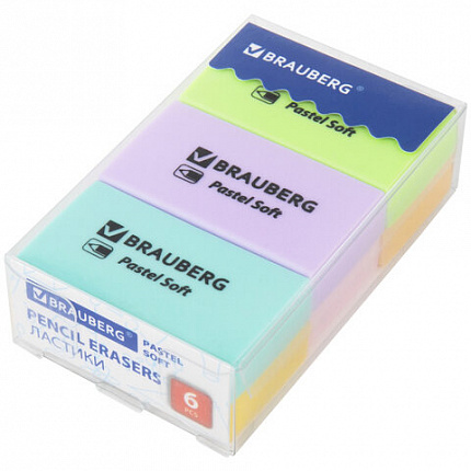 Ластики BRAUBERG PASTEL SOFT НАБОР 6 шт., размер ластика 45х25х10 мм, экологичный ПВХ, 271340