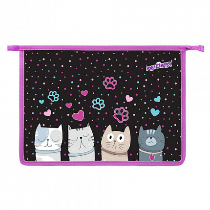 Папка для тетрадей ЮНЛАНДИЯ А4, 1 отделение, пластик, на молнии, "Cat squad", 273347