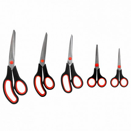 Ножницы BRAUBERG SOFT GRIP НАБОР 5 штук (140, 170, 190, 220, 240 мм), эргономичные черно-красные ручки, ВЫГОДНАЯ УПАКОВКА, 238410