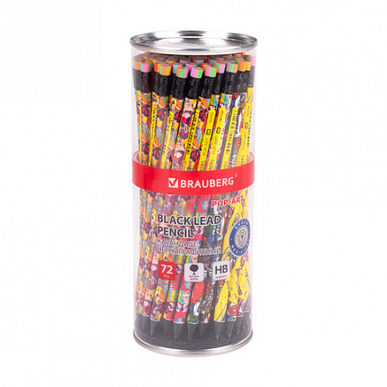 Карандаш чернографитный BRAUBERG "POP-ART", 1 шт., HB, с ластиком, корпус ассорти, 181754