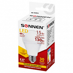 Лампа светодиодная SONNEN, 15 (130) Вт, цоколь Е27, груша, теплый белый, 30000 ч, LED A65-15W-2700-E27, 454919