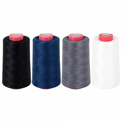 Нитки швейные 40/2 5000 ярд. (4572 м), Набор 4 цвета, белый/серый/синий/черный, DEVELIA (ДЕВЕЛИА), 665619