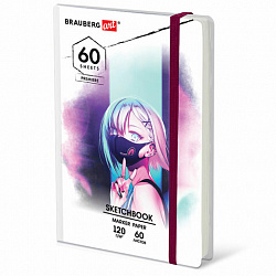 Скетчбук для маркеров 120 г/м2, 148х210 мм, 60 л., твердая обложка, резинка, BRAUBERG ART PREMIERE, Аниме, 115102