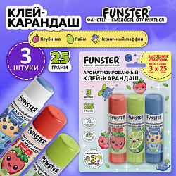 Клей-карандаш ароматизированный FUNSTER (ФАНСТЕР) (клубника, лайм, черничный маффин), 25 г, ВЫГОДНАЯ УПАКОВКА, 3 штуки на блистере, 274271