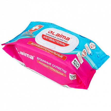 Салфетки влажные 120 шт., АНТИБАКТЕРИАЛЬНЫЕ, с пластиковым клапаном, LAIMA "Antibacterial", 112497