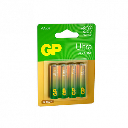 Батарейки КОМПЛЕКТ 4 шт., GP Ultra G-Tech, AA (LR6, 15А), алкалиновые, пальчиковые, 15AUA21-2CRSBC4
